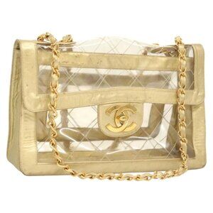 CHANEL Matelasse Chain Shoulder Bag Vinyl Clear Gold CC Auth 124906